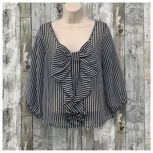 #105 Estam Large Bow Sheer Pin Stripe Reversible Blouse Shirt Top Tunic Small